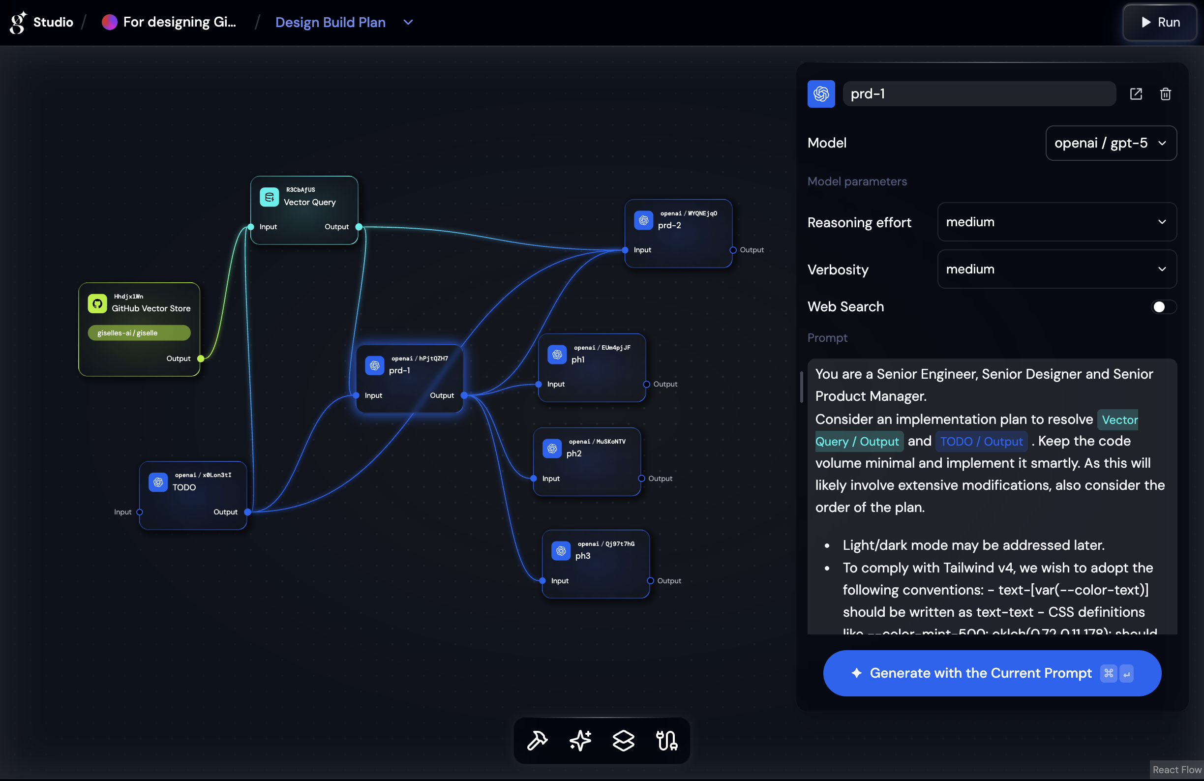 Giselle Studio showing a workflow with GitHub Vector Store and Vector Query nodes connected to AI model nodes for codebase exploration